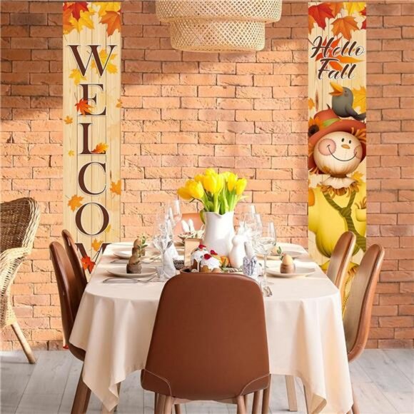 Fall Scarecrow Porch Banner Sign Welcome Fall Pumpkin Maple Leaf Banners Autumn - Picture 5 of 7